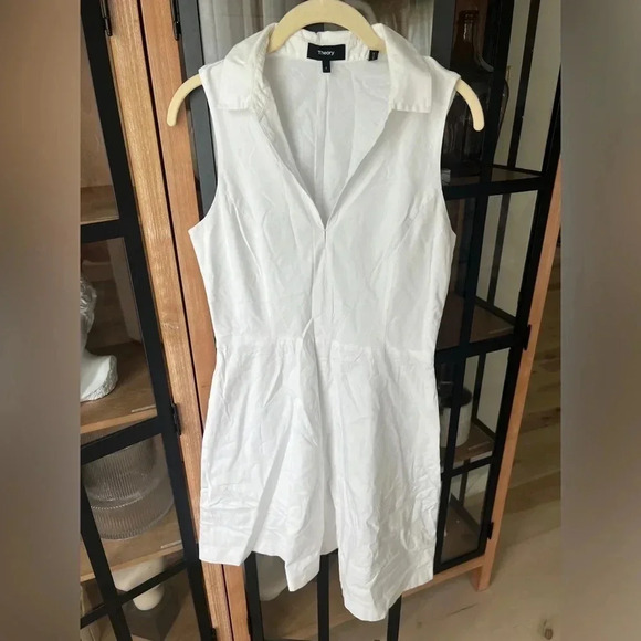 Theory poplin dress split neck white Collared Flare Poplin shirt sleeveless - Picture 1 of 9